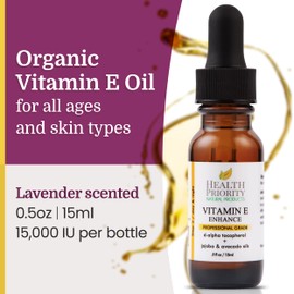 Health Priority Naturals|Vitamin E Oil - for Face/Hair - Organic, Handmade, Non-GMO, Gluten-Free, Vegan - For Scars, Wrinkles, Stretch Marks - Scented, 15,000 IU, 0.5 Fl Oz