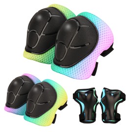 Kids Protective Gear Set - Knee Pads Elbow Pads with Wrist Guards for Ages 3-12 | 3-in-1 Safety Protective Gear for Skating, Cycling, Biking, Roller Skates, Scooters (Yellow blue pink, ‎M(8-12Years))