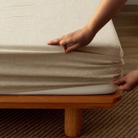 TIPTOE BEAR Fitted Bed Sheets 100% Washed Cotton Ultra Soft Slightly Wrinkle Linen Feel Breathable Deep Pocket, 1 Fitted Sheet Only (Beige, King)