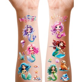 Mermaid Glitter Tattoo Children, 12 Sheets Fake Tattoos Girls as Birthday Gifts Party Bags, Skin-friendly Children's Tattoos