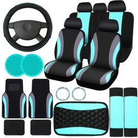 Fabbay 21 Pcs Car Seat Covers Full Set Car Floor Mats Steering Wheel Cover Armrest Cover Seat Belt Pad Seatbelt Covers Cup Mats Car Emblem Ring Sticker for Sedans Trucks SUV (Black, Mint)