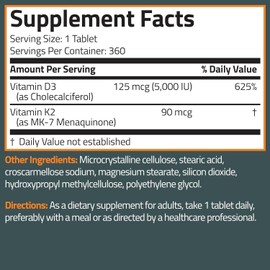 Bronson Basics Vitamin K2 D3 (MK7) Supplement Non-GMO 360 Count (Pack of 1)