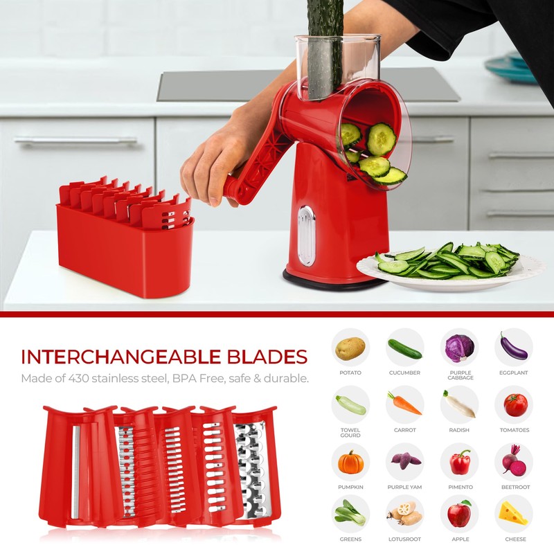 SUSTEAS Rotary Cheese Grater with Handle - Vegetable Shredder with