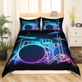 Drum Kit Duvet Cover,Kids Rock Music Bedding Set,Musical Instruments Comforter Cover for Boys Girls Room Decor,Neon Lighting Lightweight Bedspread Cover Twin Size with 1 Pillow Case(No Comforter)