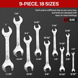 BILITOOLS Super-Thin Wrench Set, 9 Piece SAE Open End Wrench Set, Including 1/4, 9/32, 5/16, 3/8, 11/32, 13/32, 7/16, 1/2,19/32, 5/8, 9/16, 11/16, 3/4, 13/16, 7/8, 15/16, 1, 1-1/16, with Storage Box