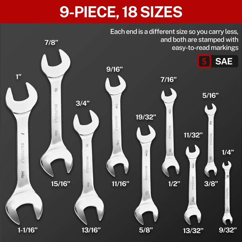 BILITOOLS Super-Thin Wrench Set, 9 Piece SAE Open End Wrench