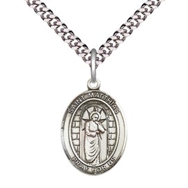Medium Men's .925 Sterling Silver Patron Saint St.Matthias the Apostle Medal Pendant with 24" Rhodium Plated Heavy Curb Chain Catholic Religious Necklace - Made in USA,Deluxe Velvet Gift Box