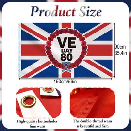 VE Day Flag 3x5ft UK Banner, UK Flags for 2025 VE Day 80th Anniversary Bunting Decorations 80 Years Victory In Europe RAF WW2 1945 Union Jack British Flag for Remembrance Day Garden Street Party