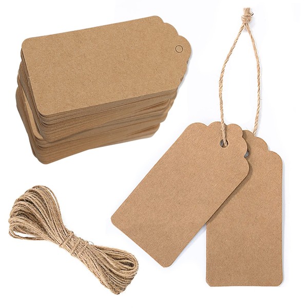 Gift Tags with String, 100pcs Brown Paper Gift Tags Kraft Luggage Labels with String 4.5x9cm Blank Parcel Price Tag for Thanksgiving Gifts Wedding