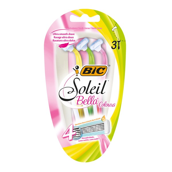 BIC Soleil Bella Colours 4-Blade Lady Razors - Pack of 3 - Spring Mounted Blades with Pivoting Head for Ultra Smooth Shave