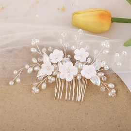 WUSJCOF Haarschmuck Hochzeit Haarkamm Silber Braut Haarschmuck Perlen Blumen Haarschmuck Kommunion Mädchen Kopfschmuck für Frauen