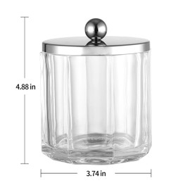 Indecor Home Home Glass Cotton Jar Holder Silver Lid, Elegant Bathroom Storage Canister for Qtips, Cotton Balls, Floss, Makeup Organizer, Vanity Bathroom Organization