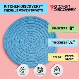 Trivets for Hot Pots and Pans - Kitchen Discovery 8" Chenille Trivets - Set of 3 Large Woven Pot Pads for Serving Hot or Cold Dishes and Protecting Your Table, Countertop or Island, Faded Denim