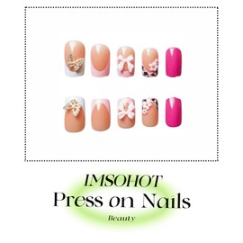 IMSOHOT Short Press on Nails Square Fake Nails Pink Bow Acrylic Nails Press ons Glossy Glue on Nails Full Cover Y2K Artificial Squoval Cute False Nails for Women Girls 24Pcs Stick on Nails
