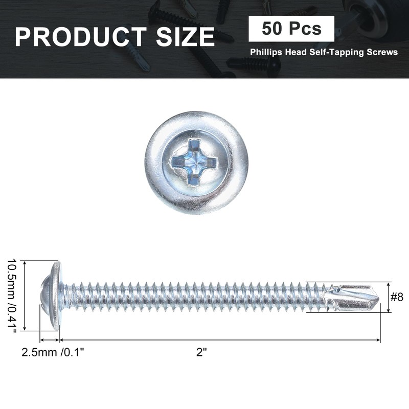 QUARKZMAN 50 Stück Blechschrauben Selbstschneidend #8x2" Phillips-Kopf Selbstschneidende Schrauben, Kohlenstoffstahl