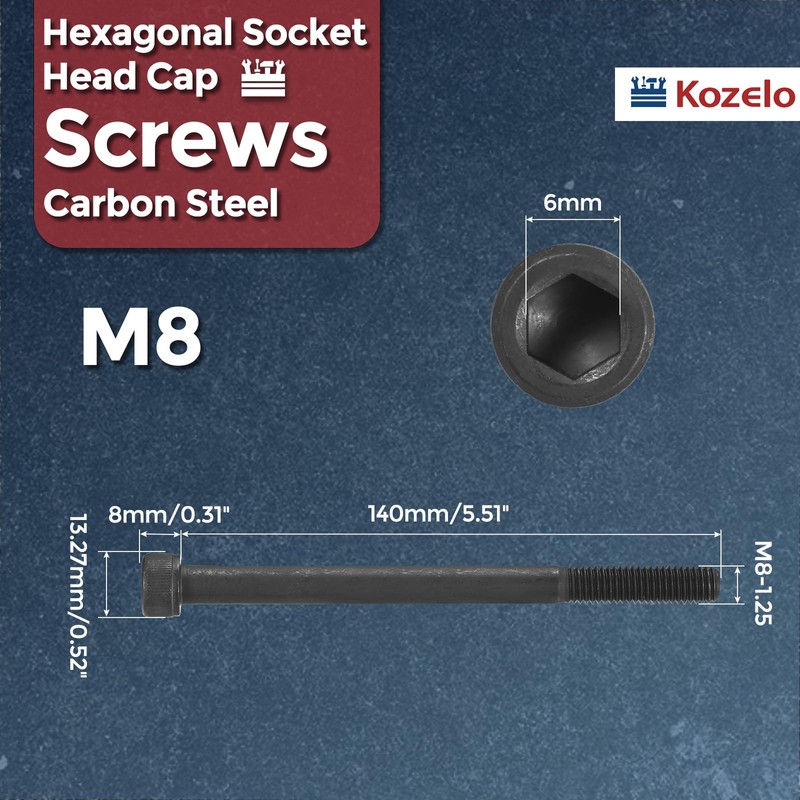 Kozelo 4pcs Cap Bolt Cap Screw [M8-1.25 x 140mm] Hex