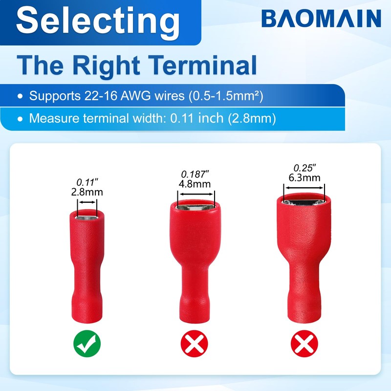 Baomain 100-Pack 0.11" Female Quick Disconnect Spade Terminals, 22-16 AWG