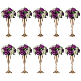 Sziqiqi - Jarrón de trompeta floral para centro de mesa para bodas, recepciones, centros de mesa, fiestas, eventos, aniversarios, cumpleaños, decoración de flores, paquete de 10 unidades, oro rosa, 14