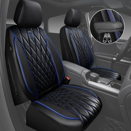 CAR PASS Piping Luxury PU Leather Two Front Car Seat Covers,Waterproof Anti- Slip Seat Covers Compatible with Front Seat Armrests,Universal Fit for Suvs,Vans,Trucks,Airbag Compatible(Black and Blue)
