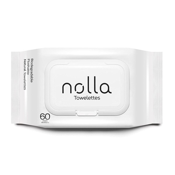 Nolla Flushable Wet Wipes, 100% Plant-Based, Plastic-Free and Biodegradable - Septic and Sewer Safe - Unscented + Soothing Aloe and Vitamin E (60 Count)
