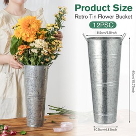Aurabee 15.7 Inch High Galvanized French Floral Bucket with Handles, Large Galvanized Metal Vases, 12 Pcs Farmhouse Rustic Flower Bucket Vases for Cut Flowers Party Country Picnic Votive Candle Garden