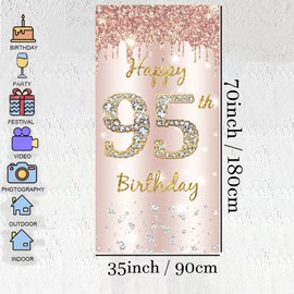 95th Birthday Decorations for Women Rose Gold 95th Birthday Fabric Sign Poster Door Decoration Birthday Background Banner Ladies Birthday Party Welcome Sign