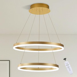 JGYHC 2-Rings Chandelier Gold Modern LED Chandeliers for Dinning Room, Dimmable Round Hanging Light with Remote Control Circular Pendant Lighting for Kitchen Island Living Room Entryway, 3000K-6500K
