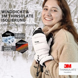 Kineed Ski Gloves Women's Snowboard Mittens Touchscreen Waterproof Winter Warm Mittens with Hidden Zip Pocket White