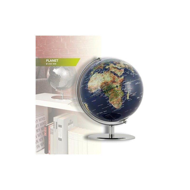 25cm Diameter Globe - PLANET - Chrome Metal Base Topographic