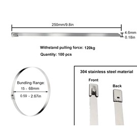 LCOUACEO Stainless Steel Cable Ties Long 250 x 4.6 mm, Silver Cable Ties Metal UV Resistant Rustproof Self-Locking Stainless Steel Ties for Heat Protection Tape Exhaust, Mild Steel Mats, Fence