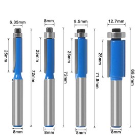 DingGreat 4-Piece 8 mm Shank Flush Cutter, 1/4 Inch 5/16 Inch 3/8 Inch 1/2 Inch Cutting Diameter Wood Cutter Router Bit Router Bit Router Bit Woodworking Milling Tools