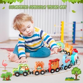 Zeoddler Toys for Toddlers, 11 Magnetic Wooden Animals Train Set, Montessori Toys for Toddlers, Learning Activities, Sensory Toys for Kids, Birthday Gifts for Boys, Girls