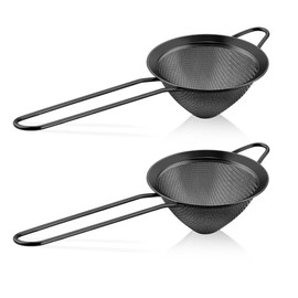 LIANYU Fine Mesh Strainer Set of 2, Stainless Steel Tea Sieve Strainer with Long Handle, 3.3 Inches Metal Conical Strainer for Straining Cocktail Sifting Flour and Filtering Coffee, Rust Proof, Black