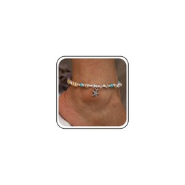 Inilbran Boho Starfish Pendant Ankle Bracelet Vintage Conch Anklet Bracelet Silver Conch Starfish Chain Anklet Turquoise Anklets Clear Crystal Foot Chain Jewelry for Women and Girls
