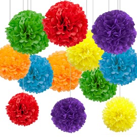 CC wonderland zone 12Pcs of 6-Color Hanging Tissue Paper Pom Poms Decorations for Party Ceiling Wall Tissue Flowers Decorations, 6Pcs of 12in & 6Pcs of 10in(Orange,Blue,Green,Purple,Red,Yellow)