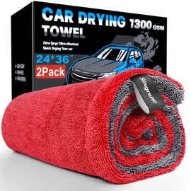 Singrune 2 Pack XL Car Drying Towel – 1300GSM Ultra Absorbent Microfiber, 24"x36" Large Size, Twisted Loop, Lint-Free & Streak-Free for Auto Detailing, Car, SUV, Truck(Gray-RED)