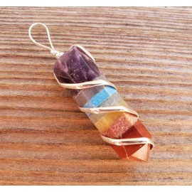 7 CHAKRA BONDED SPIRAL WIRE WRAPPED PENCIL POINT PENDANT GEMSTONE