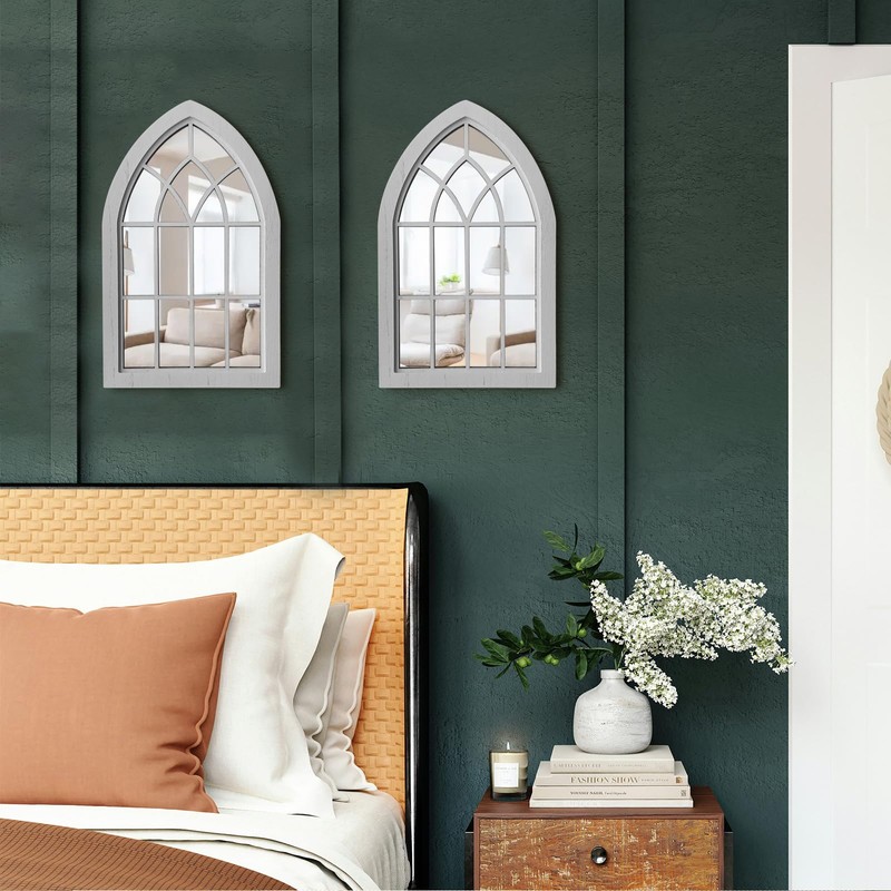 ZEXUIRU 2PCS Arched Window Wall Mirror,Rustic Farmhouse Accent Mirror, Wood