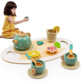 Gifts for 3 4 5 6 7 Year Olds Boys Girls, Wooden Tea Set for Toddlers, Kids Afternoon Tea Set Toy, with Dessert Tray Teapot Kitchen Accessories, Presents for Birthday Christmas(Green)