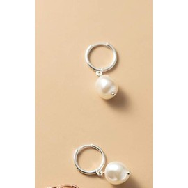 Baroque Pearl Dangle Hoop Earrings Sterling Silver 925 for Women Girls Dainty Dangling Charm Small Round Huggie Cuffs Cartilage Hoops 10mm Wedding Earring Jewelry Gifts Sensitive Ears