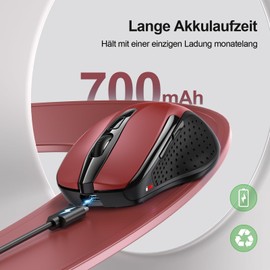 TECKNET Silent Kabellose Maus, Wiederaufladbar Funkmaus 4800 DPI, 2,4 GHz Optische Computer Maus für Laptop, PC, Mac, 6 Tasten, Rot