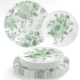 FYSUIMU 40Pcs Green Floral Plastic Plates Vintage Flower Reusable Plate Chinoiserie Dinner Dessert Plates for Birthday Baby Shower Party Supplies Table Decor