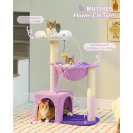 MUTTROS Purple Flower Cat Tree for Small Indoor Cats w/Large Metal Frame Hammock, 35" Cute Cat Tower with Sisal Scratching Posts, Cozy Condo with Cloud White Bed for Kittens