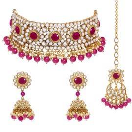 Aheli Faux Pearl Gargantilla Collar con Pendientes Set de Joyería Tradicional India Bollywood para Mujeres Niñas (Rani Pink)