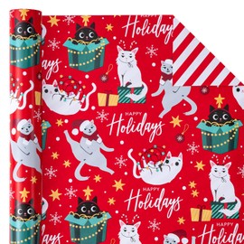 WRAPAHOLIC Reversible Kitty Cat Christmas Wrapping Paper - Mini Roll - 17 Inch x 33 Feet - Red Christmas Cats and Stripes Design for Christmas, Holiday, Party Celebration