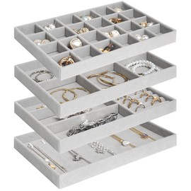 Jenseits Set of 4 Stackable Jewelry Organizer Trays for Drawers, Jewelry Drawer Inserts with Removable Dividers, Velvet Jewelry Container Display Case Storage for Earring Necklace Rings Bracelet, Grey