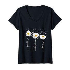 Womens Faith Hope Love Minimalistic Daisies Flower T-Shirt V-Neck T-Shirt