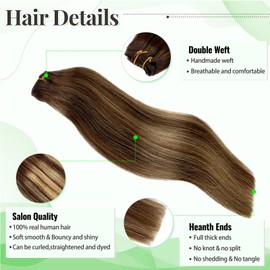 Clip in Hair Extensions Human Hair, Chocolate Brown Highlights Caramel Blonde 5pcs 70g Clip in Remy Hair Extensions Clip ins Real Human Hair Extensions Soft Straight 12 Inches