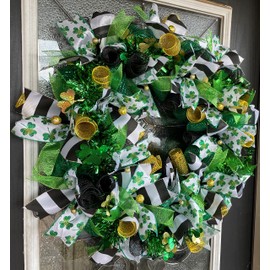 XL Fun Green Bling St. Patrick's Day Deco Mesh Front Door Wreath, Shamrocks Clover,Porch Patio Yard Art Decor, Wall Decoration, Indoor Outdoor