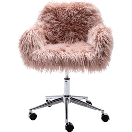 Faux Fur Desk Chair Home Office Chair for Women Girl Teens, Modern Accent Chair with Rolling Wheels, Furry Vanity Chair for Makeup Room Living Room Bedroom, Adjustable Swivel Pink Cute Desk Chair